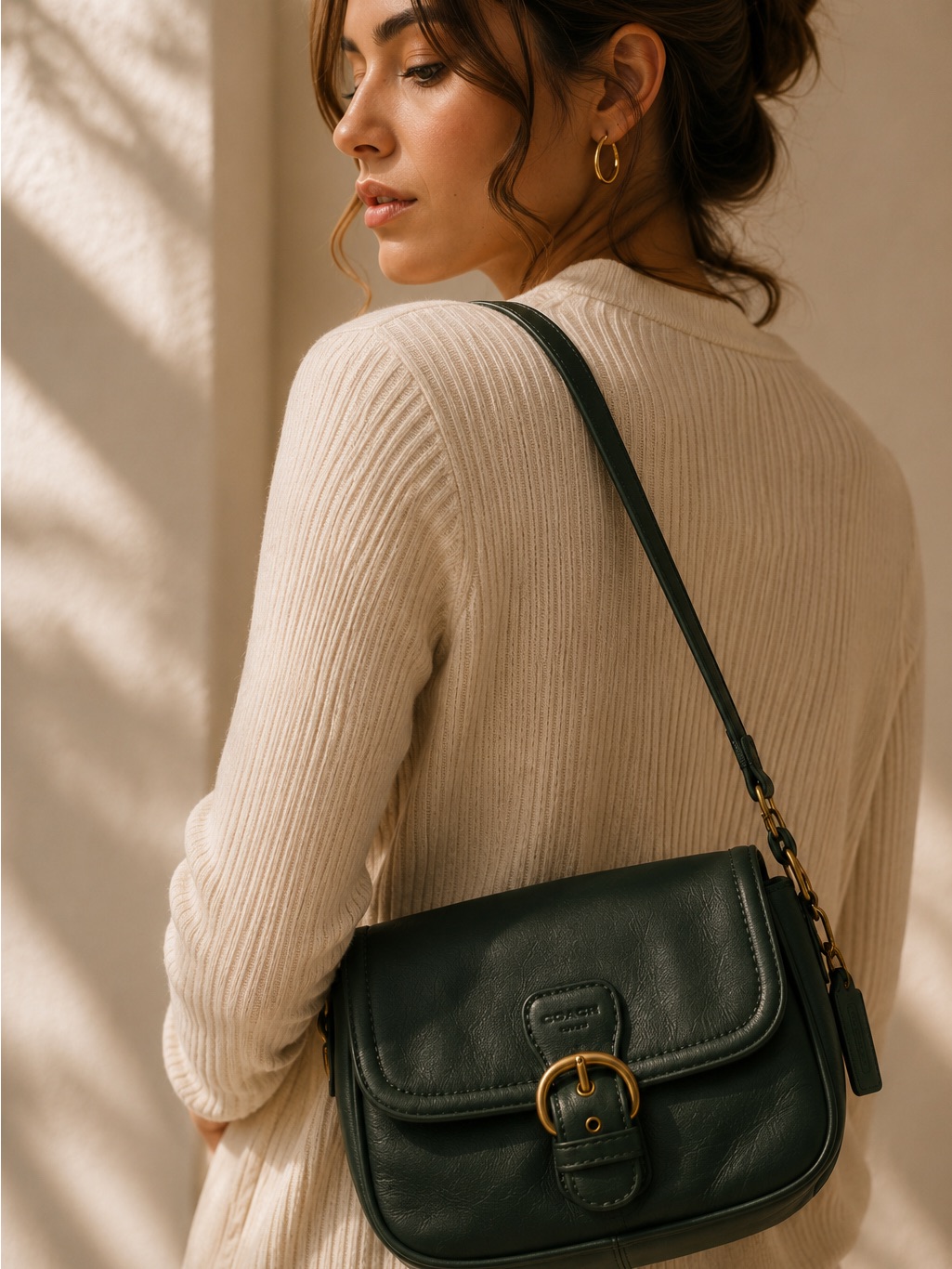 Coach Dark Green Leather Crossbody Bag With Gold Buckle